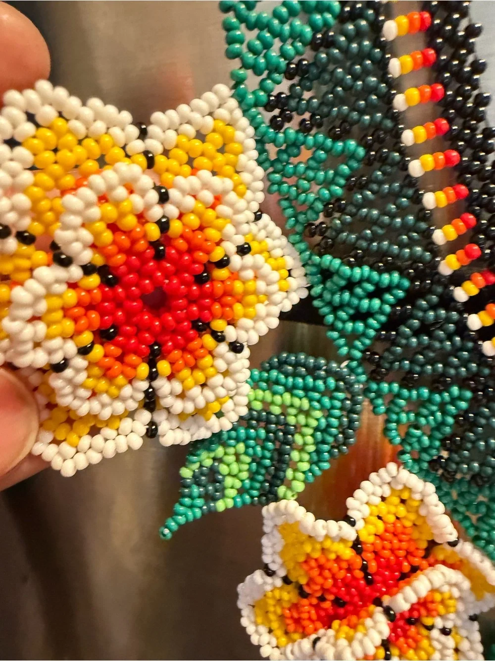 Handmade Floral Seed-Bead Necklace in Green with Yellow & Red Accents an Earrigs - Picture 2 of 9